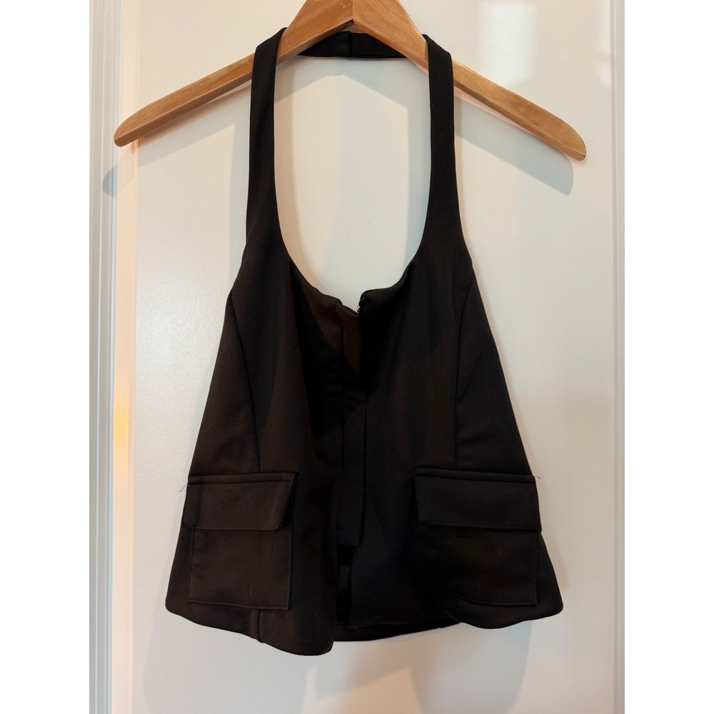 Blashe Black Halter Neck Vest Top with Flap Pockets and Back Zipper BT03681